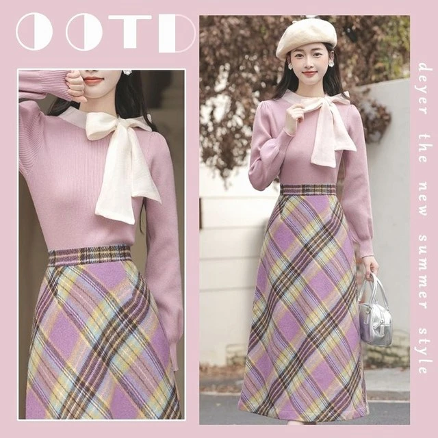 韩系过年穿搭一整套女2025春季新款简约修身毛衣格子半身裙两件套