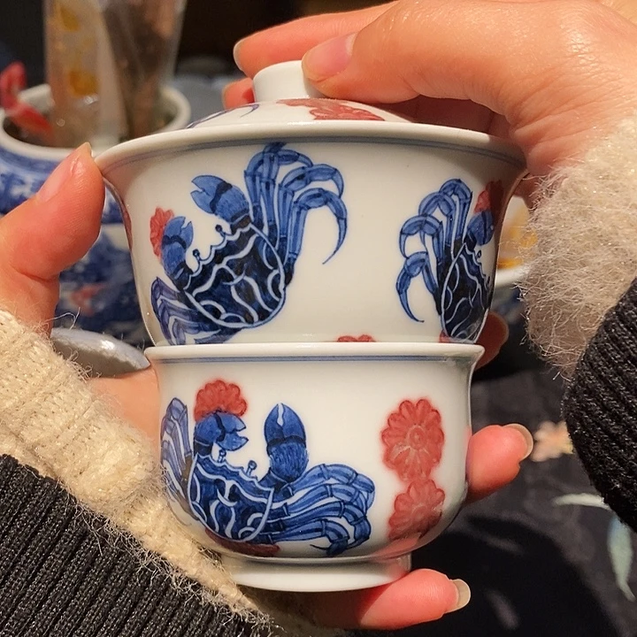 陶摆件青花釉里红杯