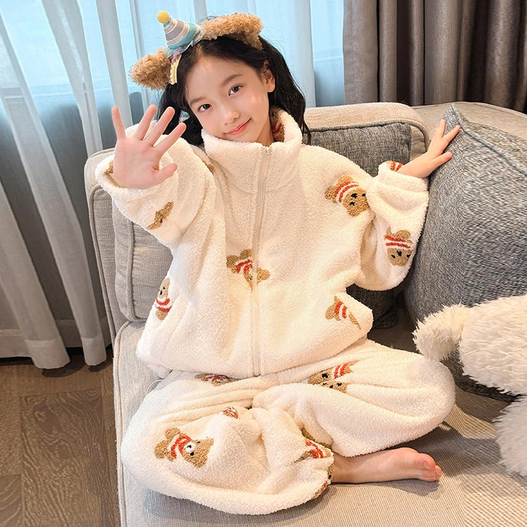 女童睡衣2025新款冬装洋气大童韩版加厚双面绒刺绣开衫家居服套装