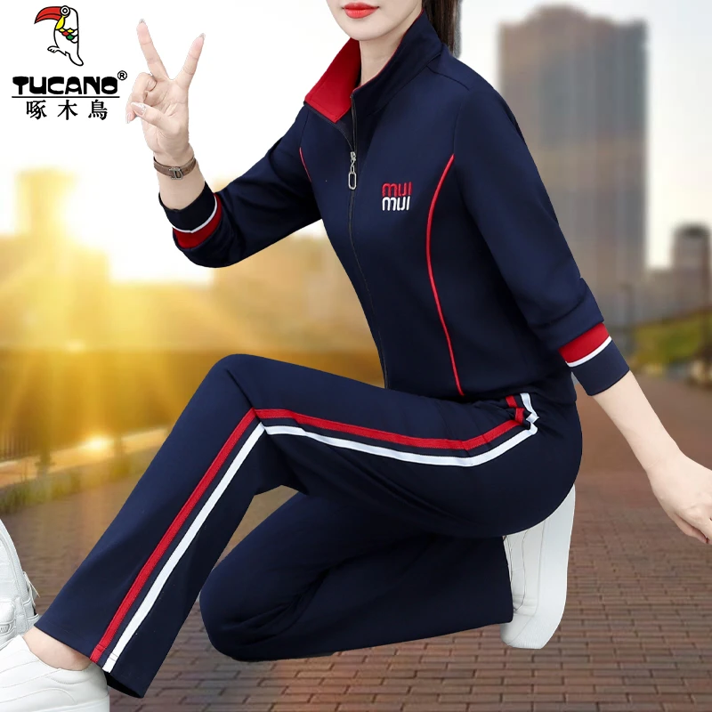 【官方】啄木鸟运动套装女2025春秋新款时尚洋气大码跑步休闲两件套