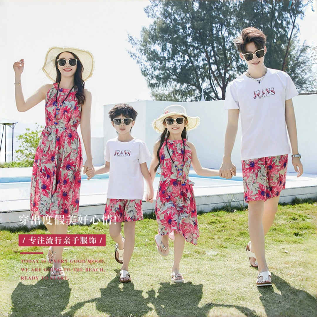 亲子装一家三口四口母女装中长裙沙滩度假海边亲子套装夏季连衣裙