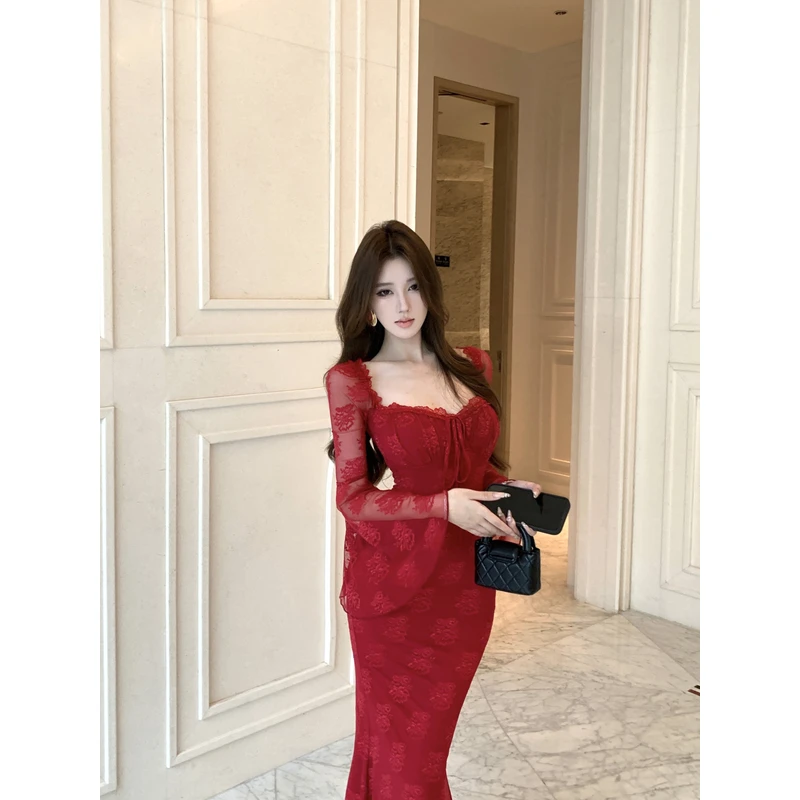 性感辣妹露背系带蕾丝拼接喇叭袖连衣裙女秋季纯欲包臀鱼尾长裙子