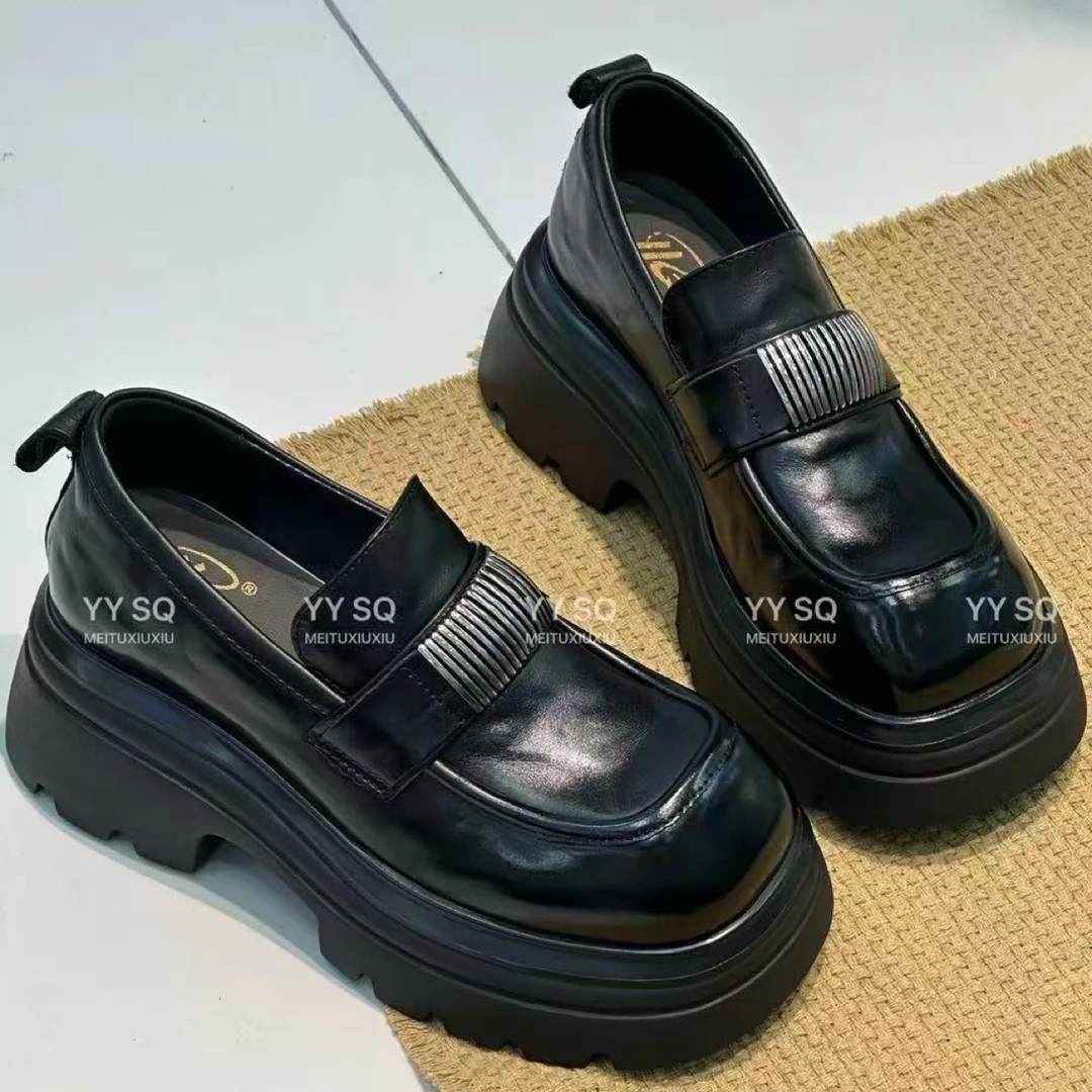 厚底增高小个子乐福鞋女2025秋季新款搭扣舒适一脚蹬单鞋