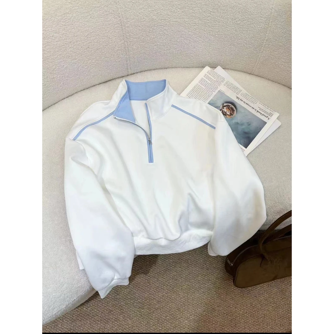 新款时尚半拉链翻领白色正肩长袖卫衣女新款宽松百搭上衣8303#0.1