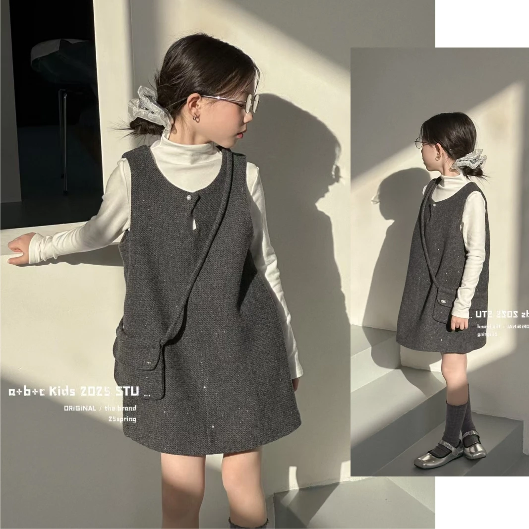 【年货！春款】韩版女中大童装甜美中领长袖打底衫毛呢背心裙套装