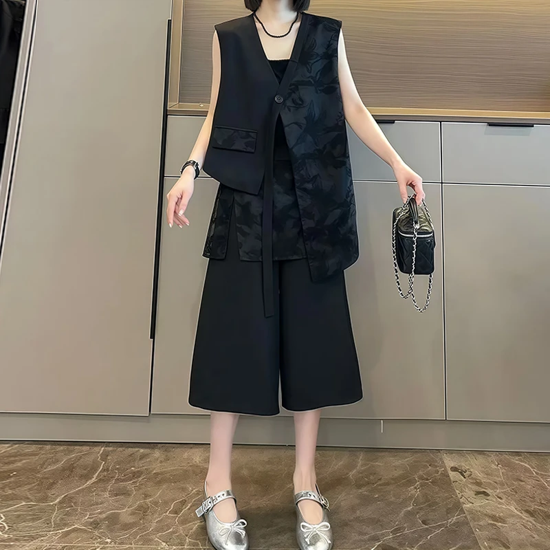 高级感休闲气质不规则套装女2025年夏季新款背心上衣七分裤两件套