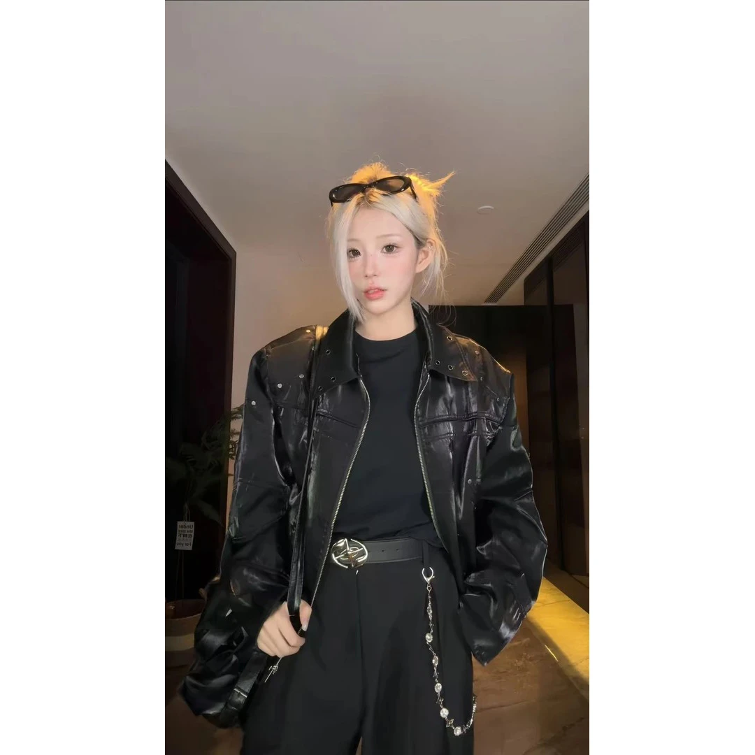 美式痞帅解构金属设计感重工宽松外套vibe小众痞帅缎面亮丝夹克男