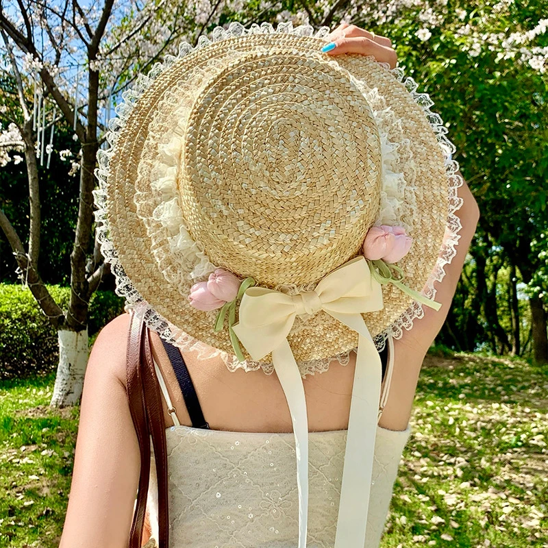 2025新郁金香蝴蝶结蕾丝花边麦秆平顶草帽女夏季海边沙滩防晒帽子