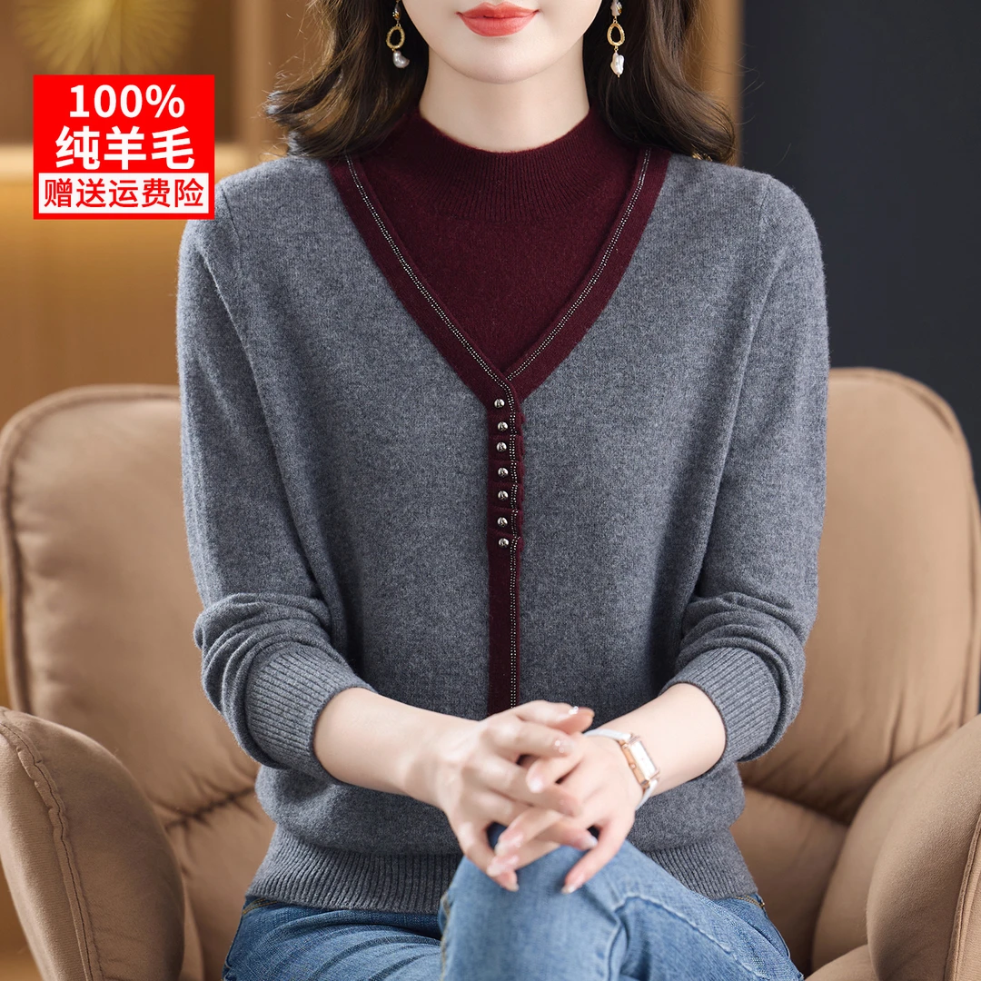 100%纯羊毛中年妈妈装秋冬毛衣半高领时尚洋气50多岁假两件打底衫