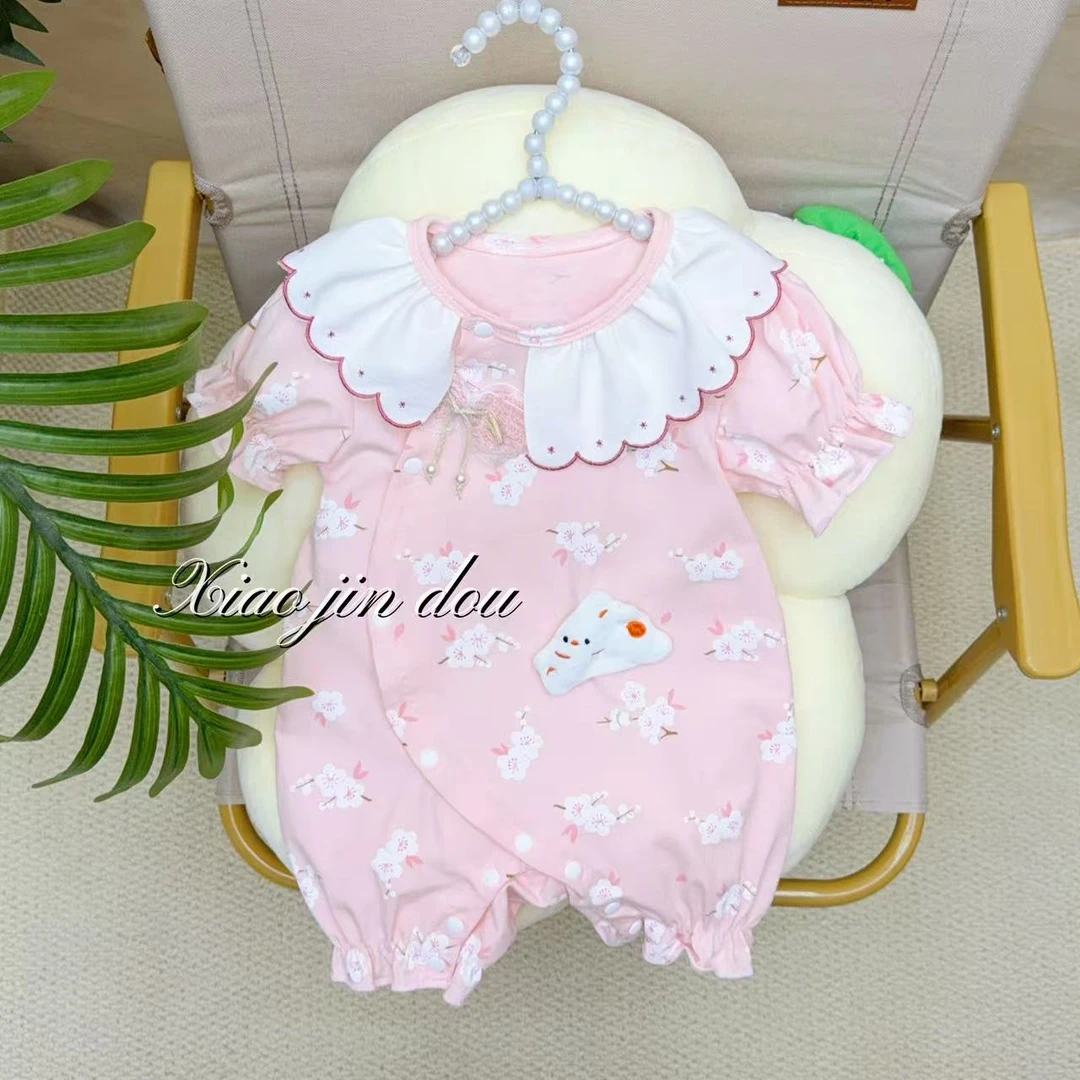 2025新生婴儿夏季连体衣女宝超萌百天纯棉甜美公主薄款短爬哈衣