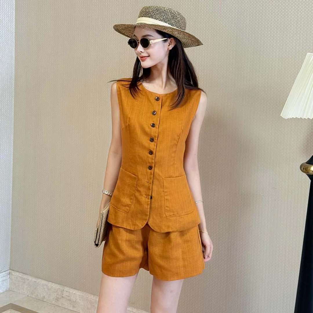 橘色无袖马甲阔腿短款时尚套装女