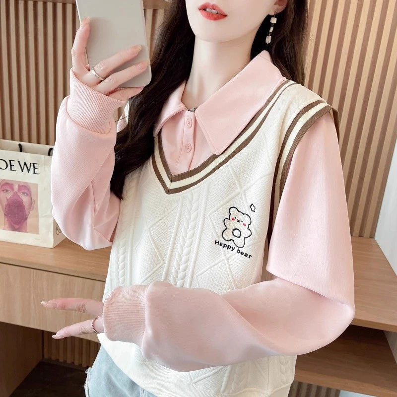 假两件薄款polo衫卫衣女春秋季2025新款宽松小个子设计感翻领上衣