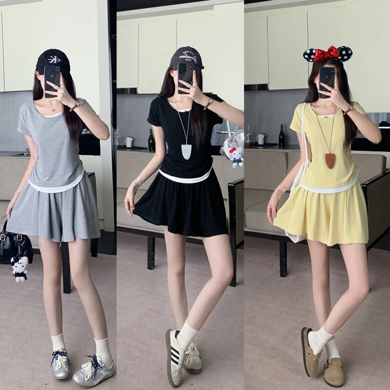 时尚减龄显瘦遮肉假两件上衣+短裤两件套套装6085