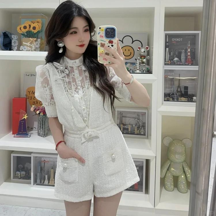 NO退NO换 白色蕾丝绣花衬衫高级感小香风收腰设计感连体裤25夏