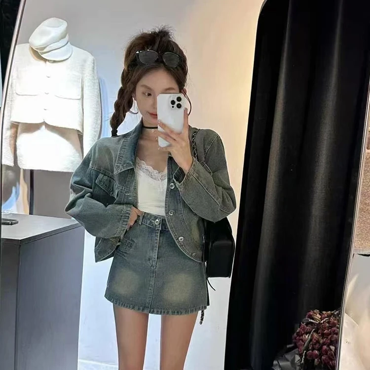 艾薇 大码法式复古辣妹套装女春季高级感牛仔外套+半身裙两件套