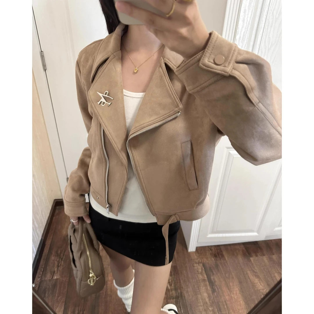 复古气质麂皮绒修身短外套女2025春季新款设计感休闲百搭夹克上衣