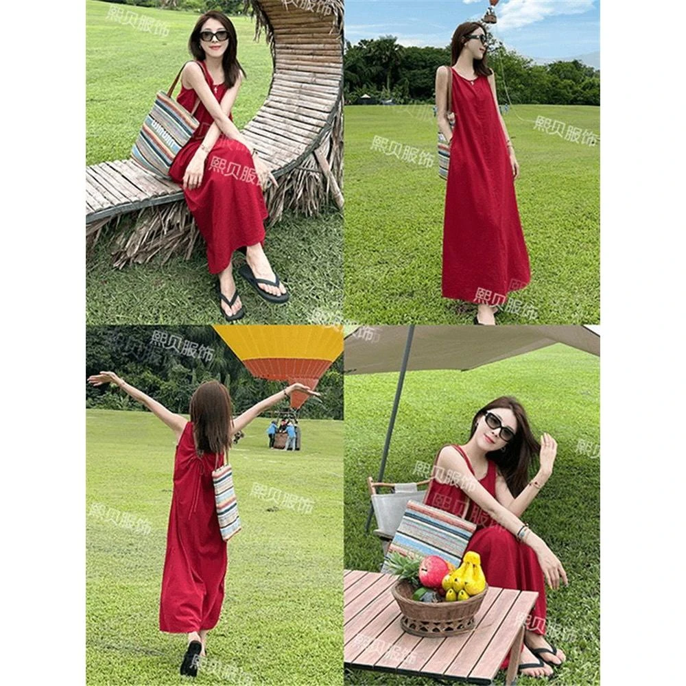 熙贝6浪漫热气球休闲显瘦前后两穿无袖露背系带连衣裙