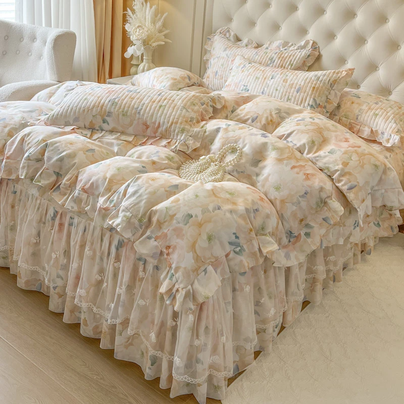博洋家纺适用田园夹棉床裙床笠四件套纯棉全棉被套蕾丝公主风