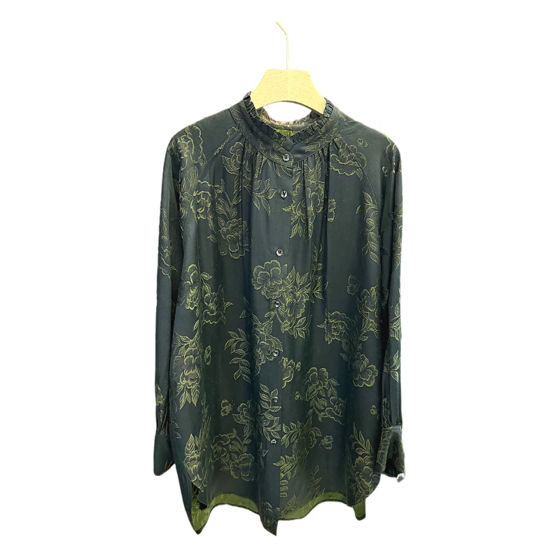 花开富贵 新款气质长袖宽松大码立领重磅复古衬衫