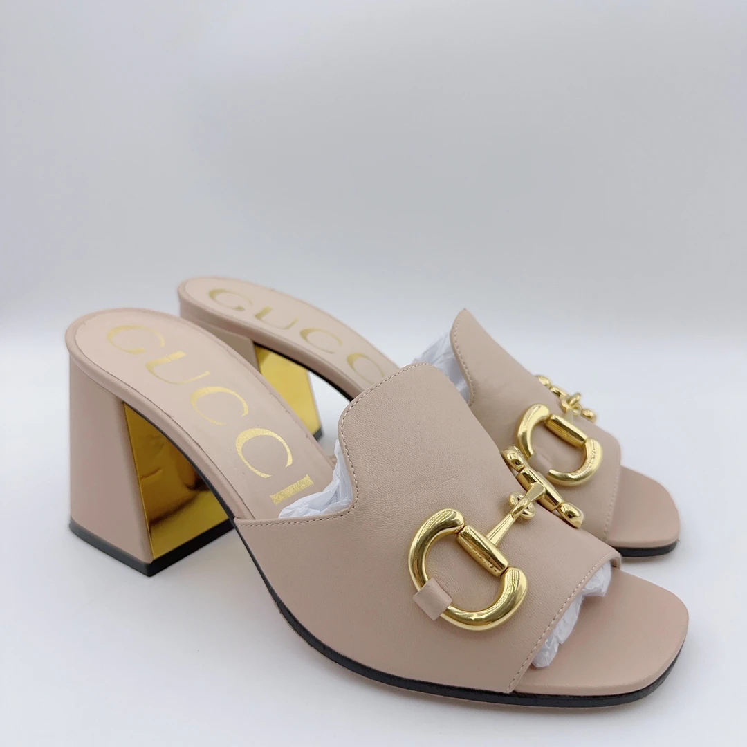 99新 GUCCI/古驰 37码/马衔扣粗跟高跟凉拖/00992