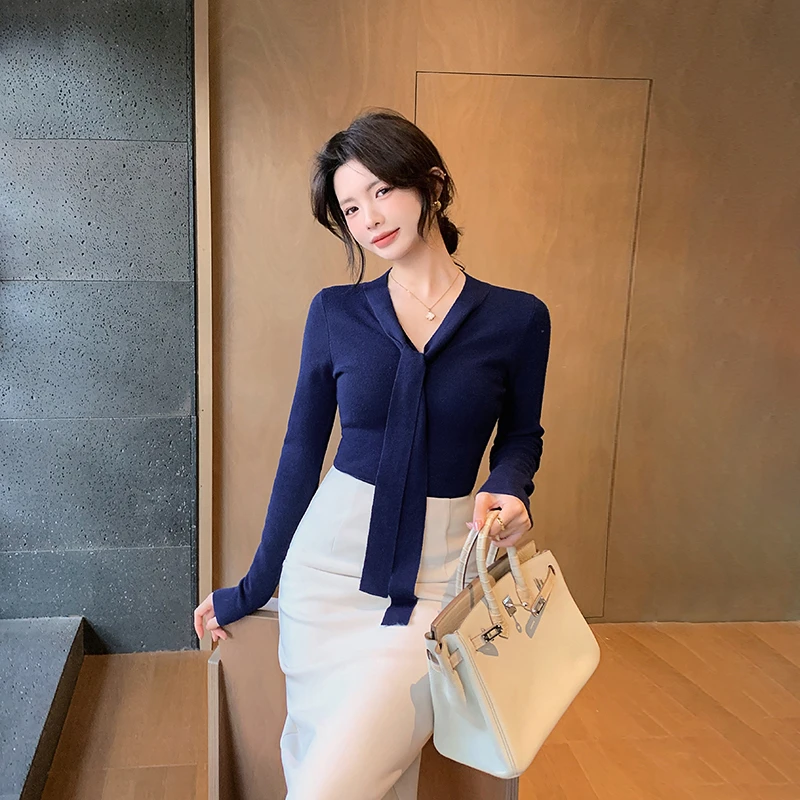 岛歌夫人【高知姐感】绑带v领修身针织衫54465