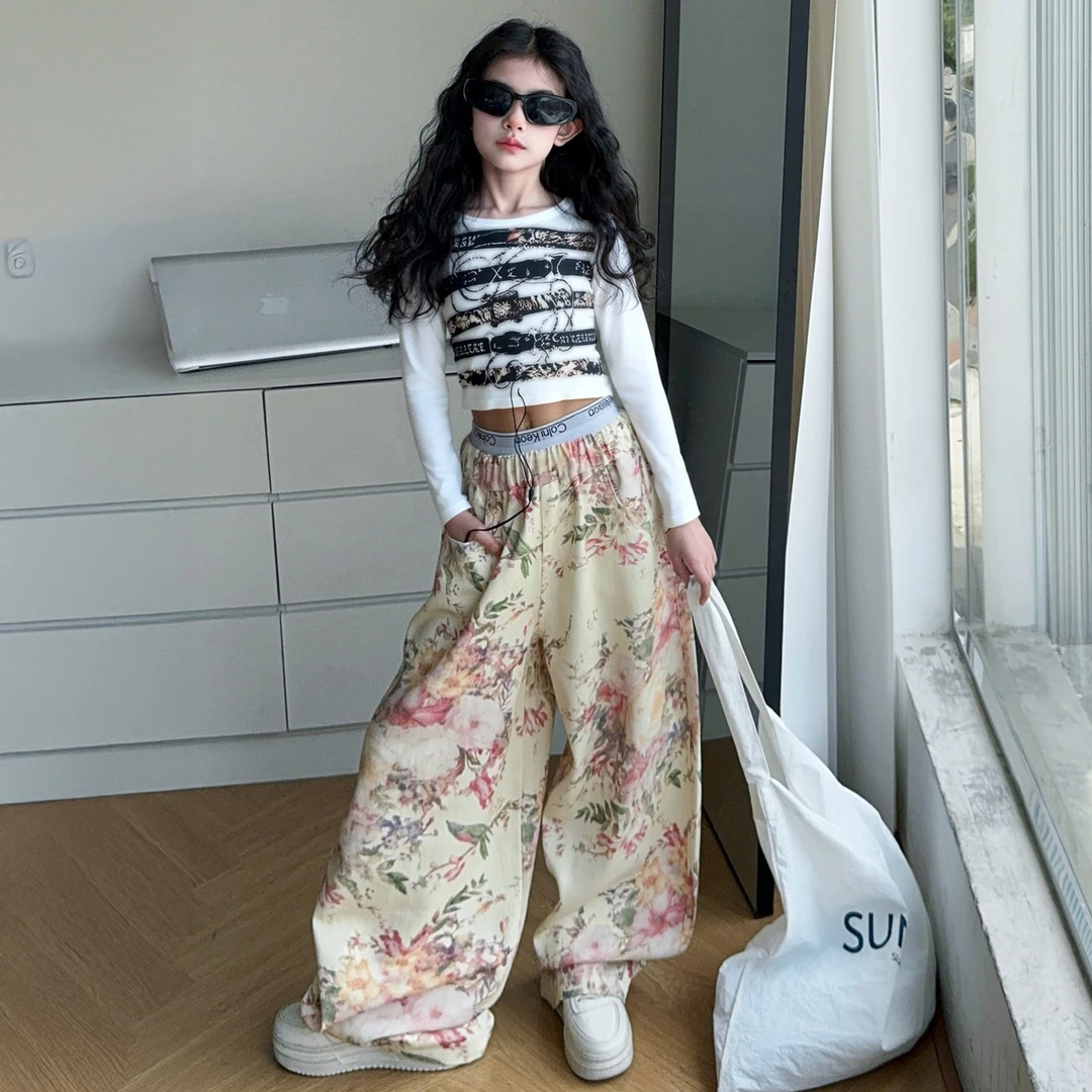 女童碎花阔腿裤春秋2025新款儿童洋气长袖打底中大童休闲百搭裤子