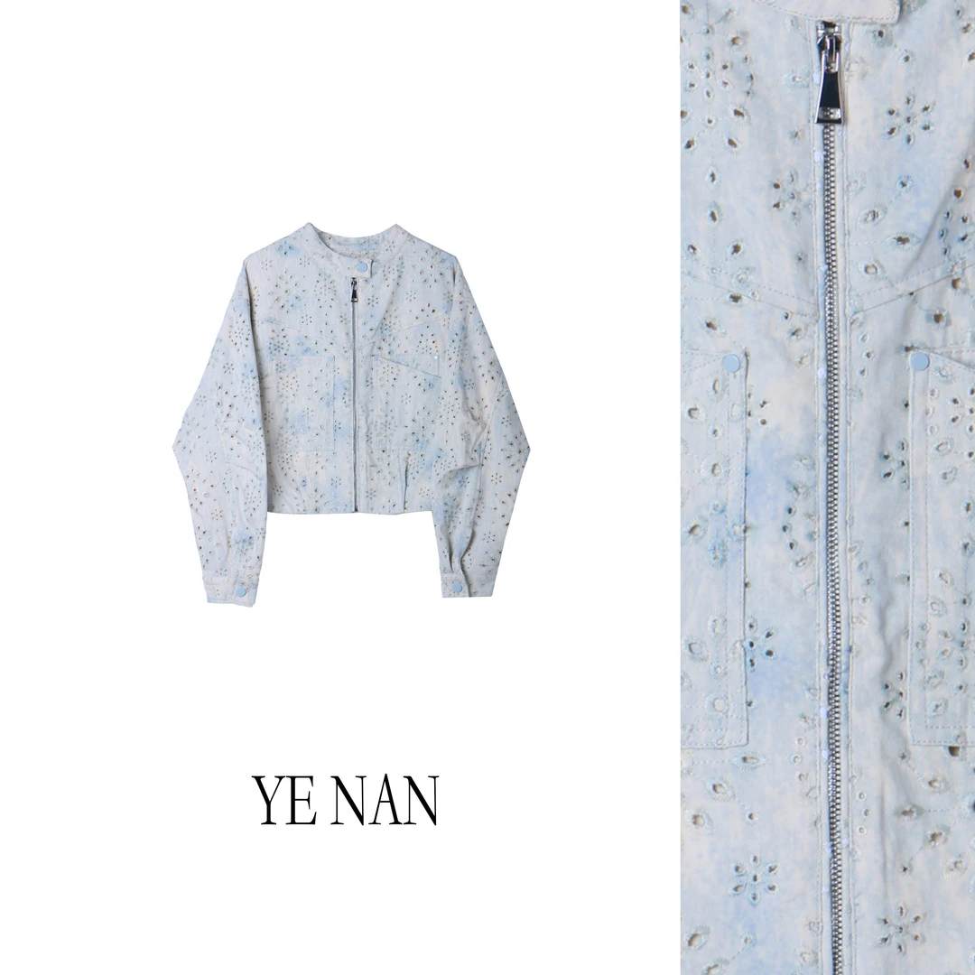 【沐沐】2025春款小众时尚镂空花朵立领甜美短夹克外套上衣SY316