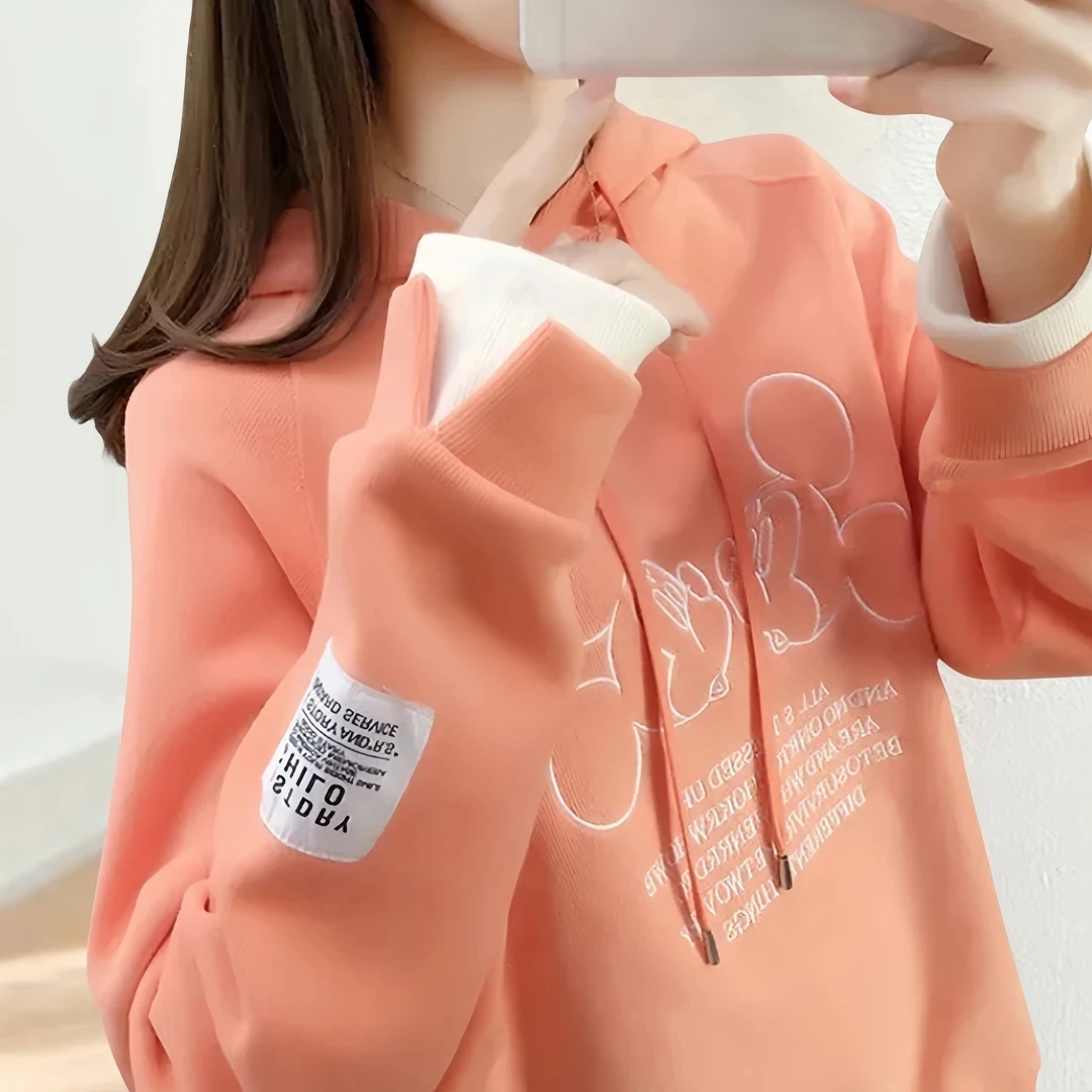 春秋薄款连帽刺绣卫衣女装2024新款宽松上衣韩版学生假两件套外套