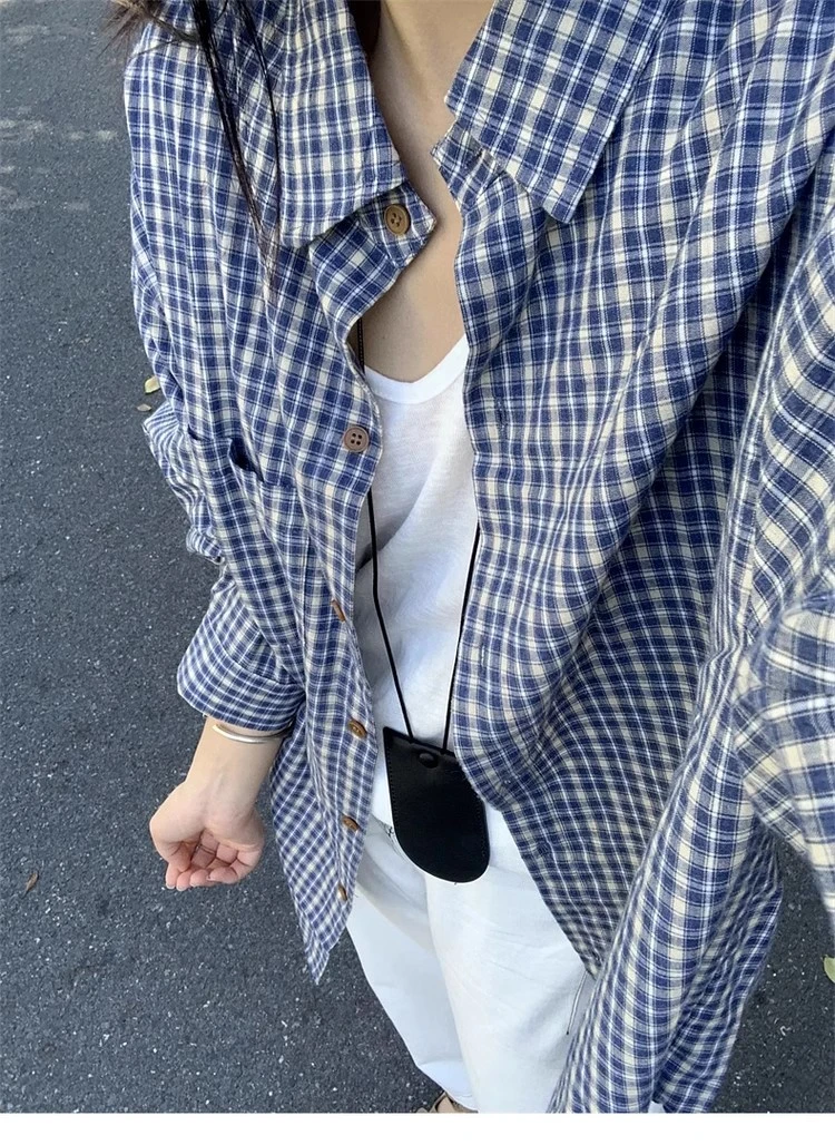 新款宽松休闲春秋外套美式复古蓝色格子衬衫女装外穿百搭气质上衣