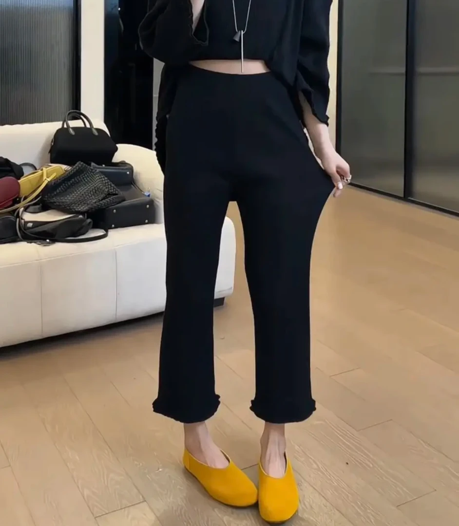 春夏季新款显瘦烟管裤时尚休闲百搭高腰八九分裤女小个子外穿花边