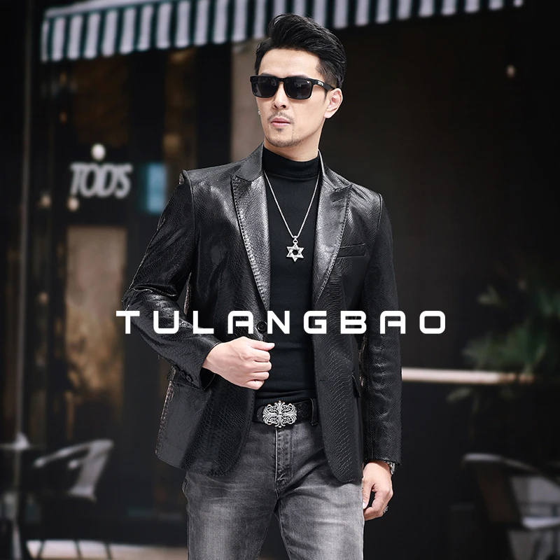 TLBM高定蟒蛇纹头层绵羊皮西服单贡针戗驳领真皮皮衣男西装外套潮