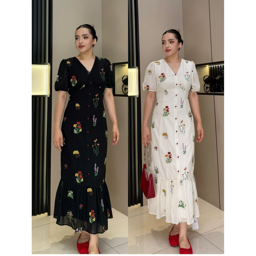 ILSAR )V领刺绣夏季绣花遮肉连衣裙连衣裙日奢风ins风E090