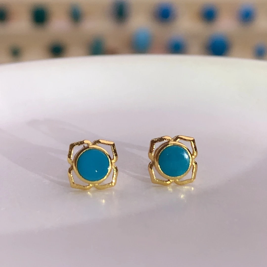 银S925镀金镶嵌绿松石玉化深海蓝花朵耳钉