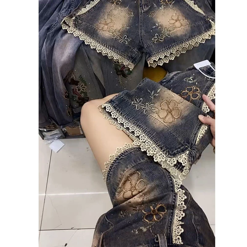 夏季薄款蕾丝拼接刺绣牛仔短裤女大码胖mm高腰弹力显瘦A字阔腿裤