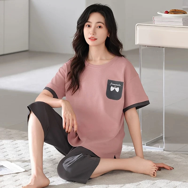 睡衣女短袖七分裤两件套装夏季薄款纯棉宽松休闲女士全棉家居服夏