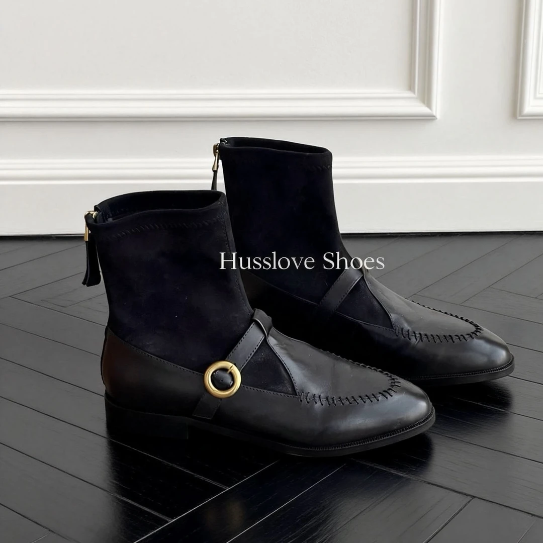 HUSSLOVE 头层牛皮+弹力绒·跟高2.5CM·复古拼接金属扣百搭短靴