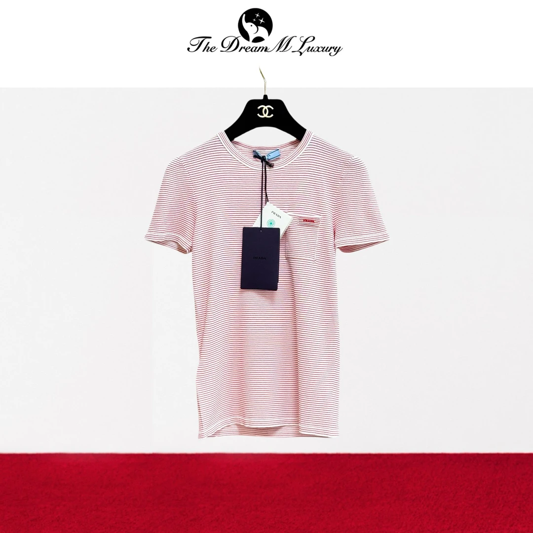 99新 Prada/普拉达 36码25新款粉白条纹短袖针织上衣，T恤