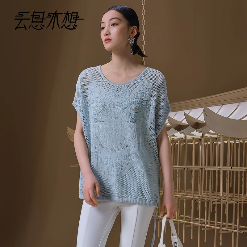 Ysimo-X云思木想锐目雄狮 欧若风镂空提花莱赛尔亚麻混纺T恤12747