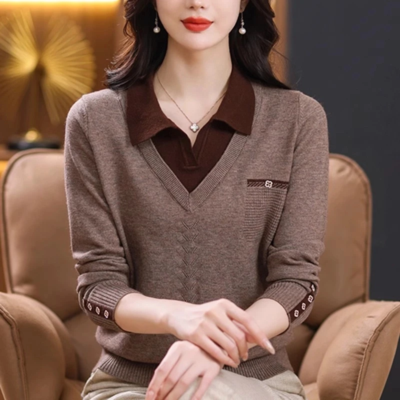 假两件上衣春秋翻领宽松显瘦针织衫2024年新款女装针织毛衣打底衫