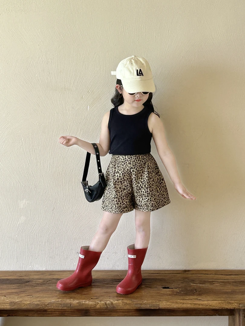 儿童韩版短裤2025夏季新款童装中小女童针织背心洋气豹纹短裤套装