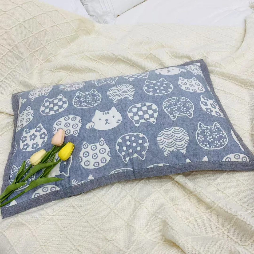 【猫咪】-纯棉三层纱布小米壳枕长方形护颈椎助眠45X65