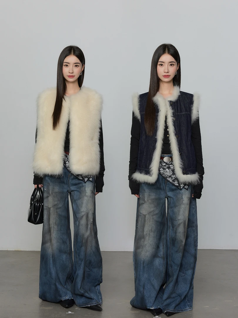 黑桃千金 软黄金山羊绒皮毛一体马甲女短款两面穿牛仔外套新25165