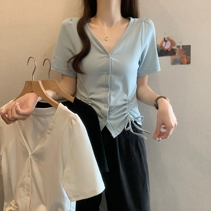 2025夏新款大码女装显瘦V领正肩短袖衬衫高级感胖mm抽绳收腰上衣