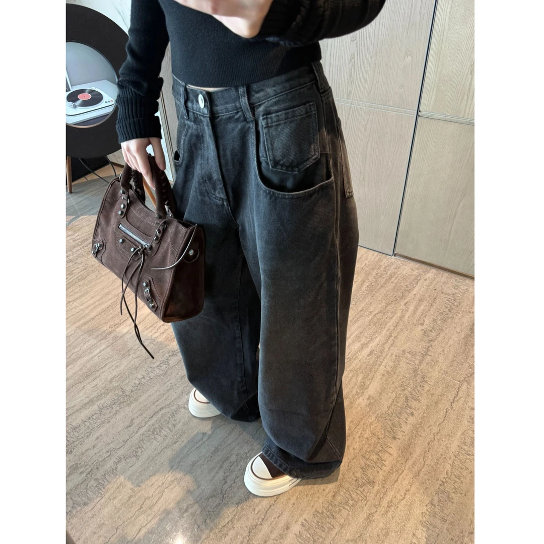 黑色阔腿显瘦牛仔裤