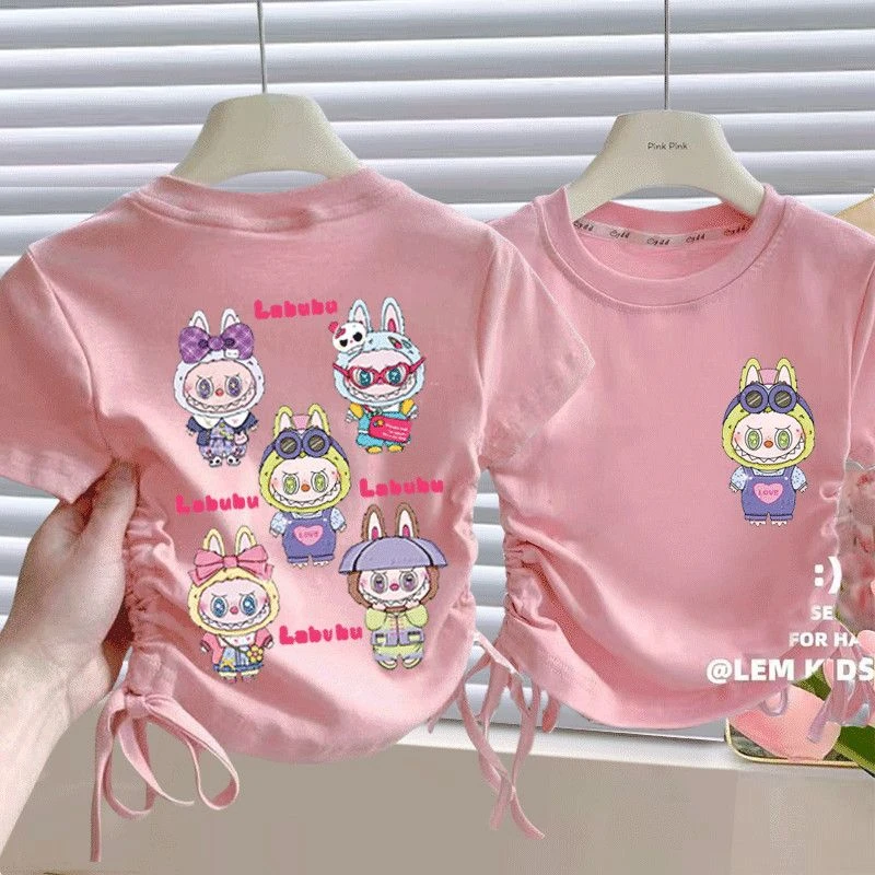 女童拉布布新款新中式童装女中大童夏季印花简约T恤抽绳短袖上衣t