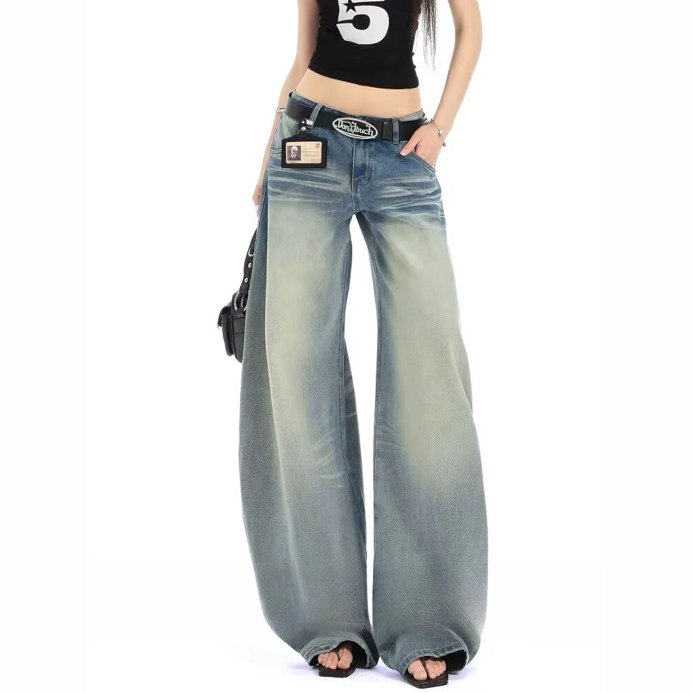 美式水洗做旧阔腿牛仔裤女夏新款设计感低腰宽松显瘦直筒弯刀裤子