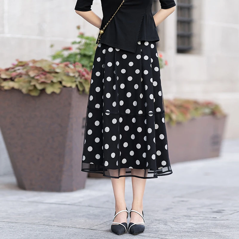 网纱波点半身裙女夏季2025年新款高腰百搭中长款宽松遮胯a字伞裙
