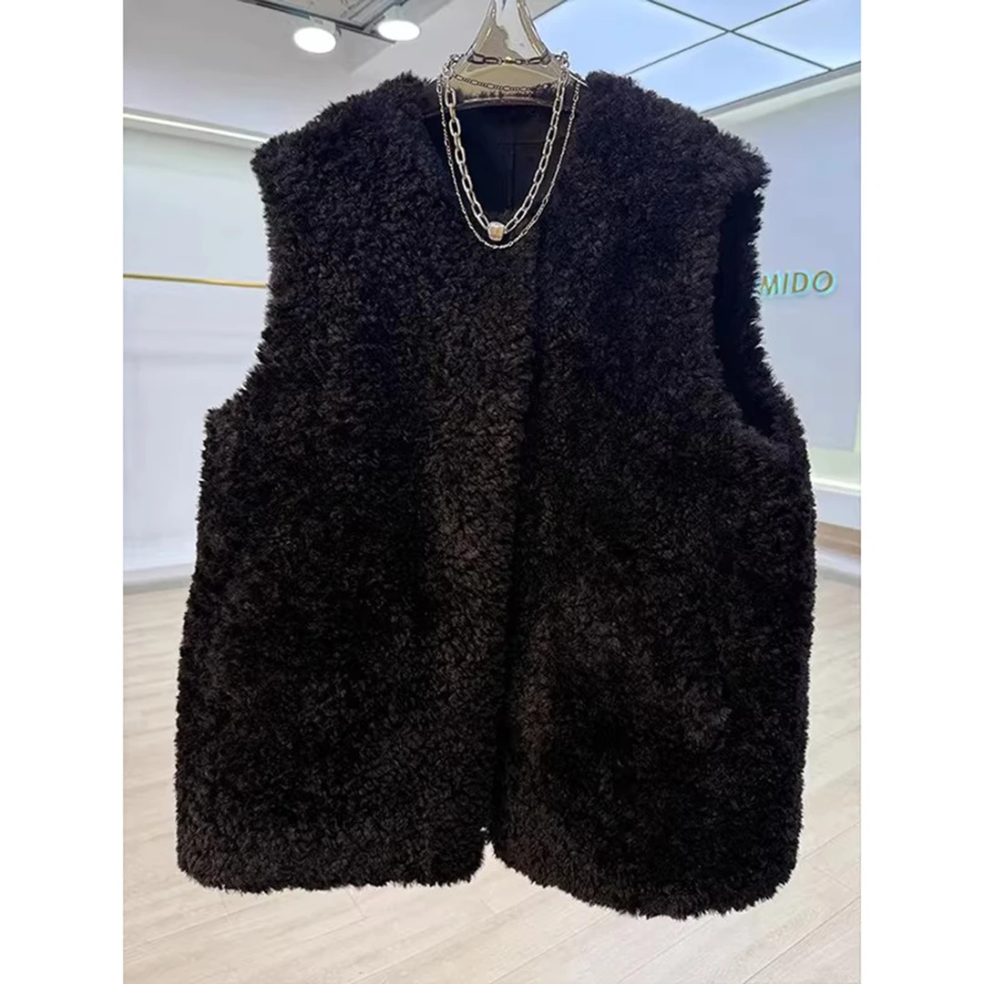 加大码300斤美式小众松弛感马甲女秋冬高级感羊羔毛无袖坎肩外套