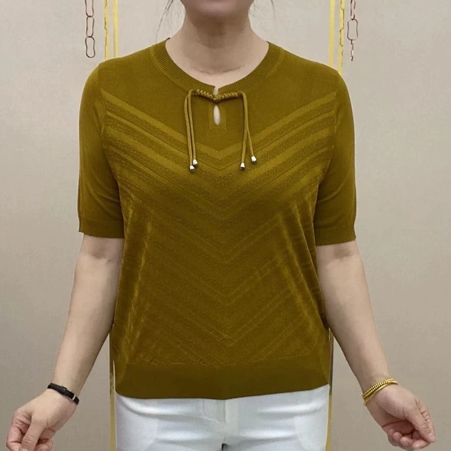 夏季新款气质时尚妈妈装纯色T恤短袖宽松显瘦大码套头系带针织衫