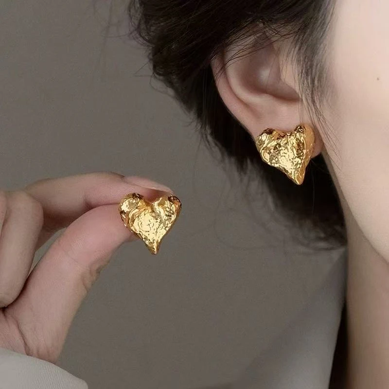 合金耳饰 金色爱心耳钉女夏不规则耳环气质独特小众耳饰013